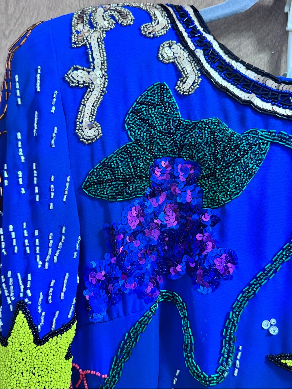 Vintage Ornate Pop Art Embellished Royal Blue Dress w/Beaded Appliqués - Picture 9 of 16
